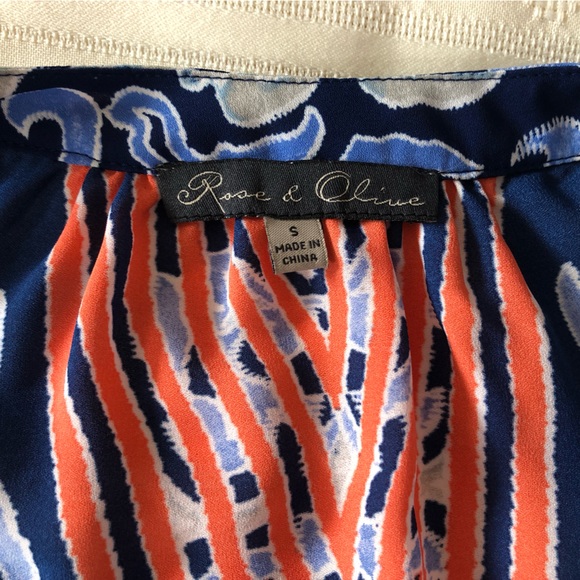 Rose & Olive summer pullover top, blue & orange, size small. Tassel tie in front - Picture 3 of 6